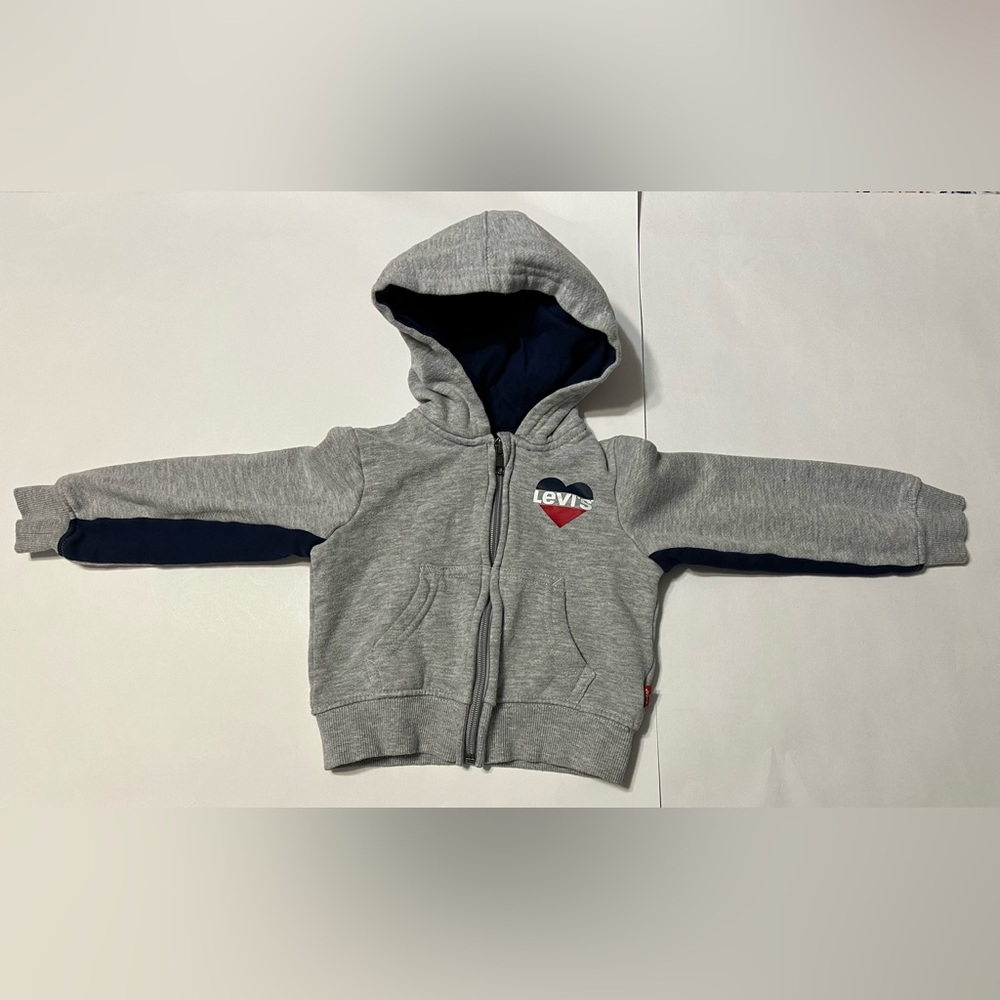 Levi’s Boys 2t Full Zip Hooded Gray Jacket W/ Navy And Red Heart Logo